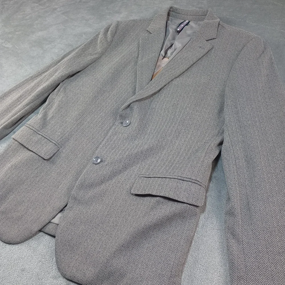 Preppy Office Sport Coat Mens L Grey Herringbone 2 Button Blazer Dark Academia